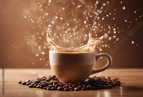 Cup of hot coffee with splashes flying in the air on light brown background copy space