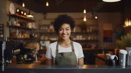 Female Asian coffee shop small business owner wearing apron standing in open sign front of counter performing stock check. afro hair employee Barista entrepreneur 