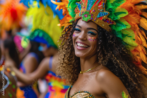 Beautiful Latin woman dancing on the streets during carnival.