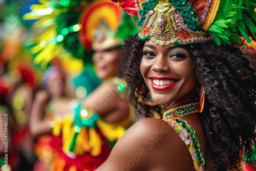 Beautiful Latin woman dancing on the streets during carnival. © JuanM