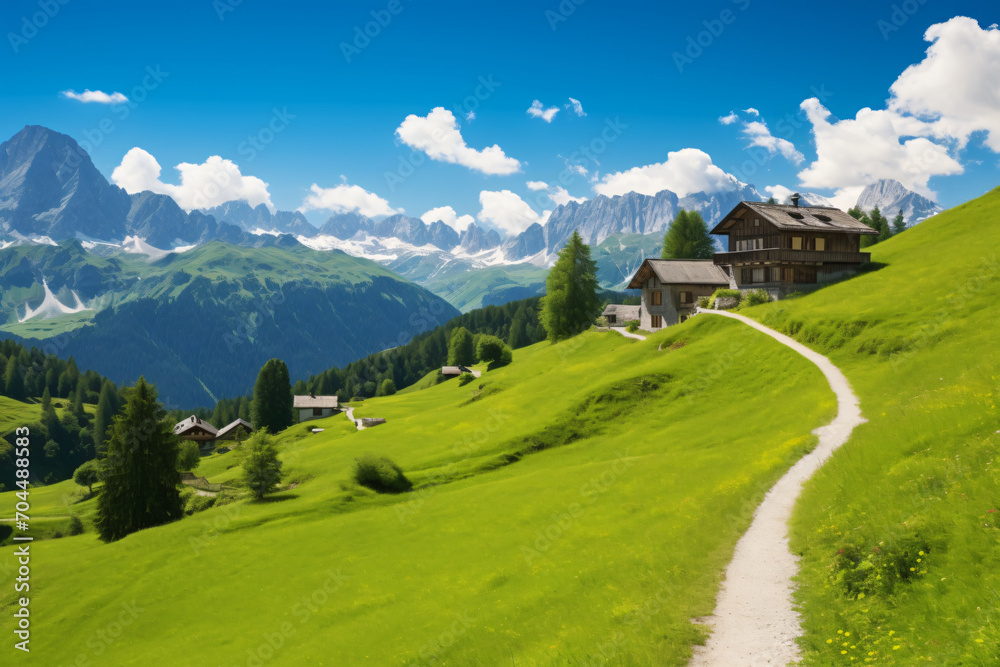 Beautiful view on the Alps with mountain chalet