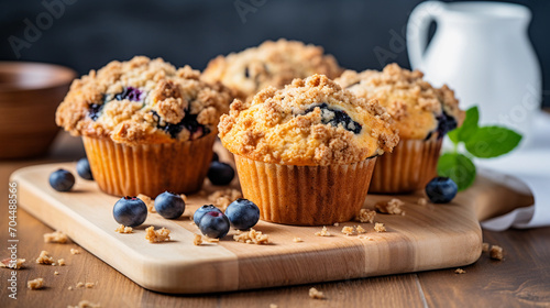 Fresh homemade baked blueberry muffins with an oatmeal crumble topping on a board in a white kitchen  photo