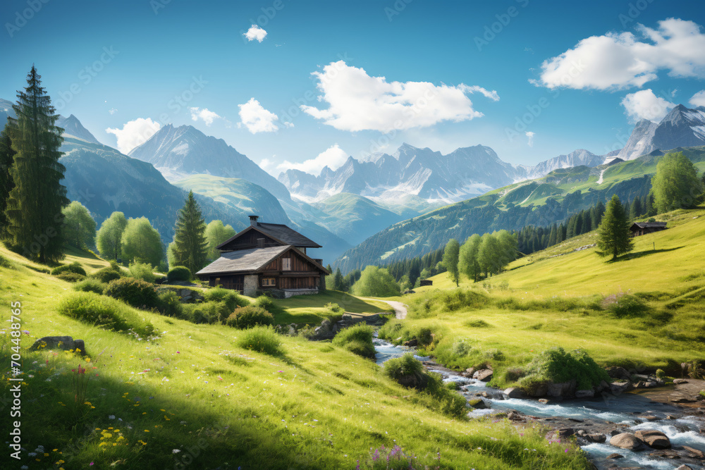Beautiful view on the Alps with mountain chalet