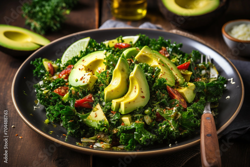 A fresh kale salad with ripe avocado slices, cherry tomatoes, and a sprinkle of seeds, ready to be enjoyed. photo