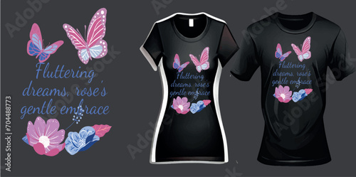  Text : "Fluttering dreams, rose's gentle embrace’’. Butterflies and a rose, typography
