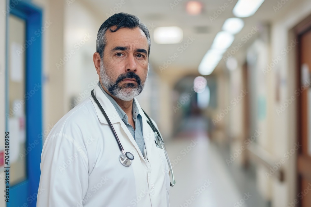 Obraz premium A bearded man in a white coat stands confidently against a wall, his shirt collar perfectly pressed, exuding intelligence and professionalism in an indoor setting