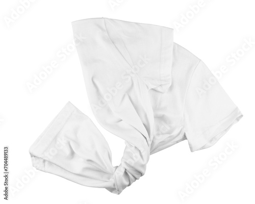 White folded t-shirt isolated on white or transparent background. Flat lay.