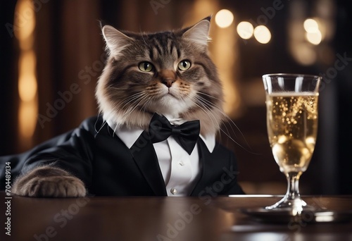Funny fluffy cat dressed in a business suit and bow tie and a glass of champagne on black background