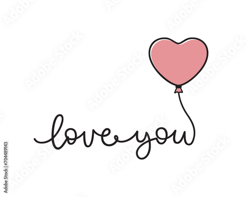 Heart shaped balloon with ribbon forming words Love You. Modern bouncy hand written typography