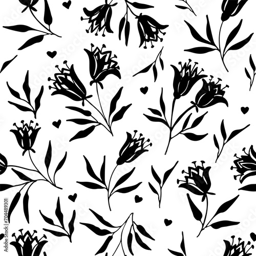 Seamless pattern with tulips. Modern monochrome background. Black and white ink brush texture. Floral vintage seamless pattern. Isolated vector illustration.