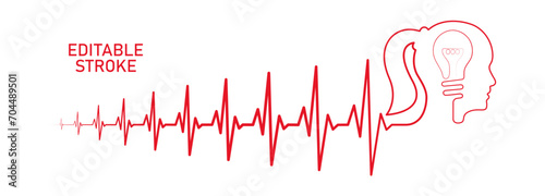 Editable lines heart rhythm illustration with lightbulb, woman head, ekg line vector design to use in healthcare, business, healthy lifestyle, medicine and ekg concept illustration projects. 