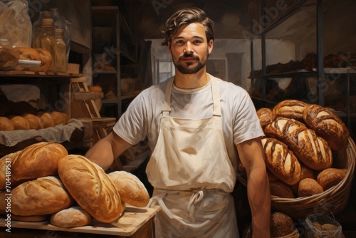 A skilled baker proudly displays his freshly baked loaves of bread, ready to satisfy hungry customers at his bustling bakery