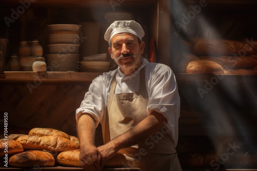 A skilled man in a crisp white chef's hat expertly prepares mouthwatering baked goods, his focused expression reflecting his passion for creating delicious snacks in the comfort of his indoor kitchen