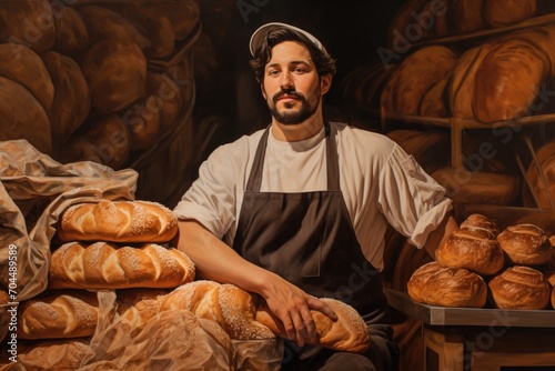 A skilled baker proudly presents his freshly baked loaf of bread, dressed in his apron and exuding warmth and comfort in his bakery
