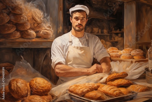 A man dressed in a flour-covered apron stands in a bustling bakery, surrounded by freshly baked pastries and the aroma of warm bread, as he prepares to satisfy customers' cravings for delicious snack