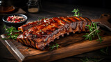 Grilled pork spare ribs with glaze on wooden cutting board bbq ribs 