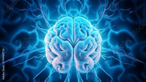 Dynamic Neural Activity Depiction in Vivid Blue Brain Illustration Artwork