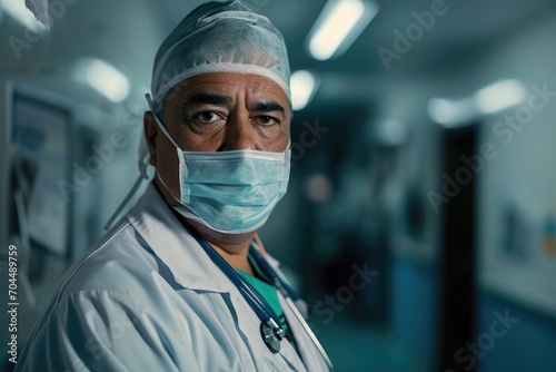 A masked medical assistant stands in a hospital operating theater, ready to provide essential care with precise equipment and professional scrubs
