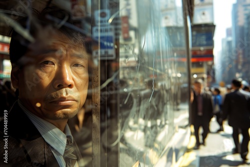 A solitary figure gazes out from within the concrete jungle, his weathered face framed by the window as he takes in the bustling city street below
