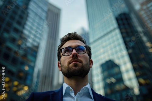 A bearded man gazes up at the towering skyscraper, his glasses reflecting the bustling city street below