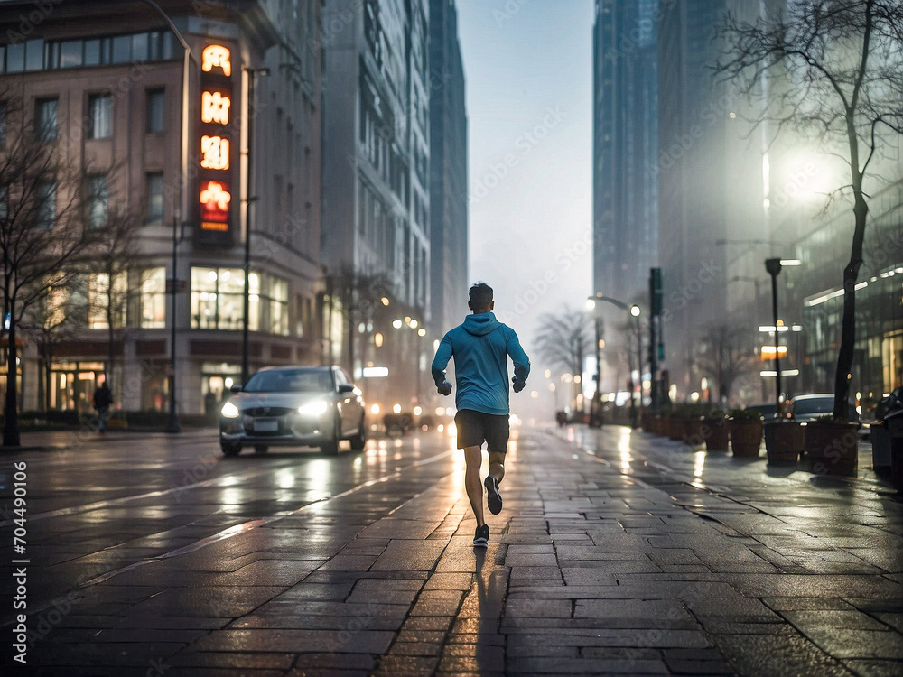 A man in athletic gear jogging through a modern city at sunrise