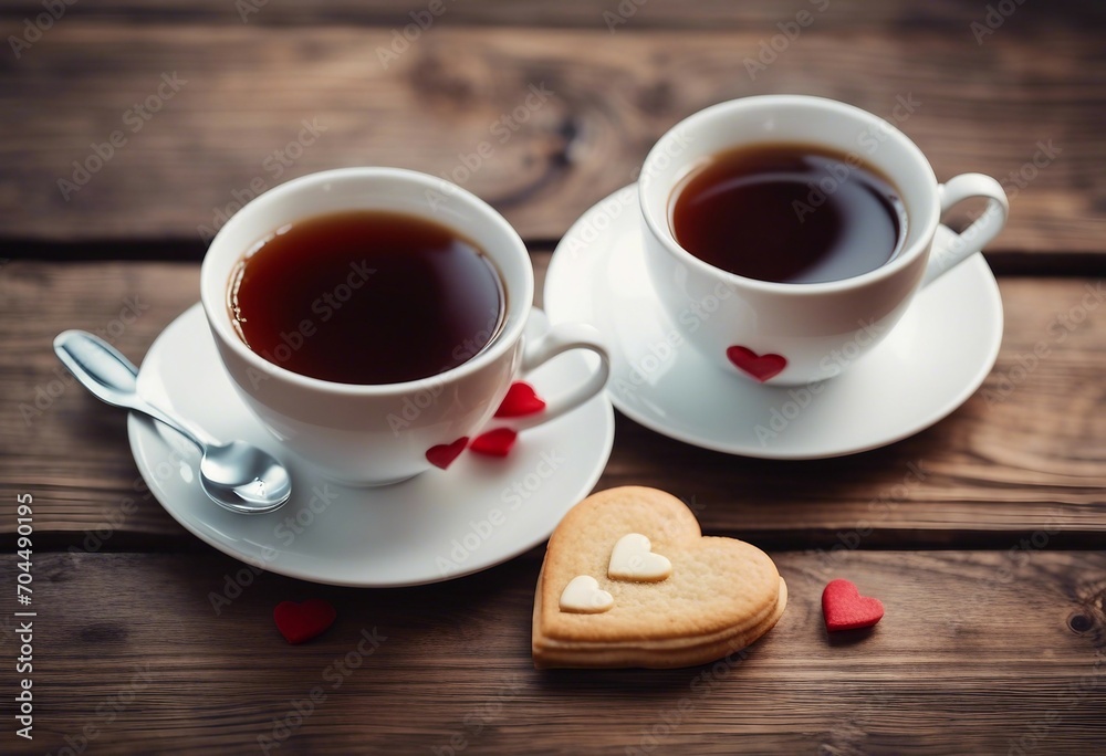 Homemade heart shaped cookies and a cup of tea or coffee on wooden table Valentine's day celebration Homemade heart shaped cookies and a cup of tea or coffee on wooden table Valentine's day celebration