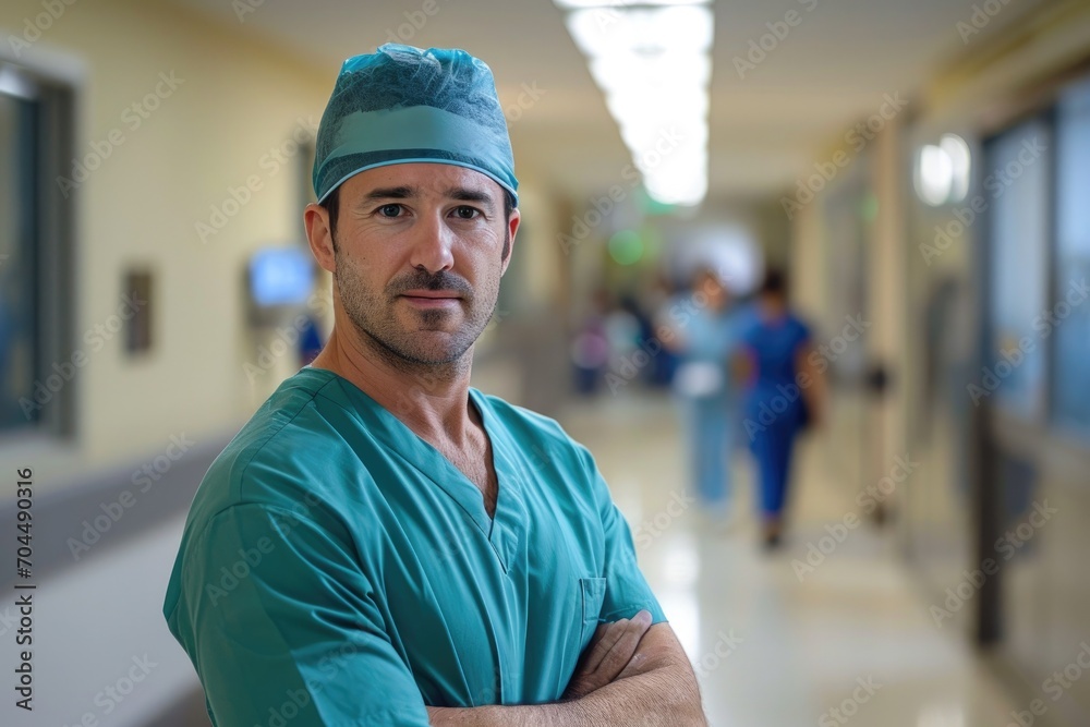 Fototapeta premium A smiling man in scrubs and a blue cap stands confidently against a wall, his headgear adding a touch of professionalism to his indoor attire