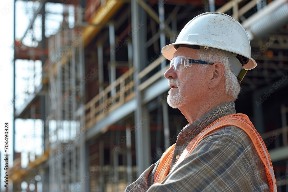 A determined engineer, dressed in his blue collar workwear, surveys the construction site wearing his hard hat and safety vest, ready to build a better tomorrow A determined engineer, dressed in his blue collar workwear, surveys the construction site wearing his hard hat and safety vest, ready to build a better tomorrow