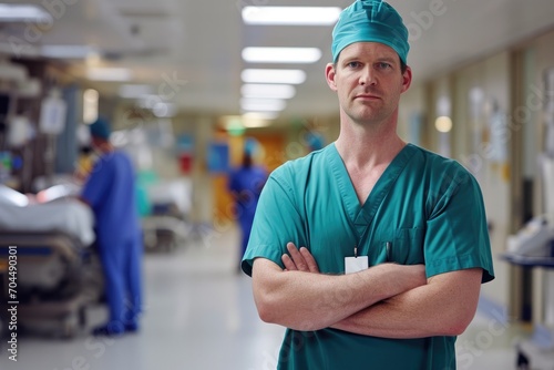 A dedicated man in scrubs and hat  representing the essence of healthcare  stands confidently in a hospital hallway  his blue clothing contrasting against the white walls and ceiling as he prepares t