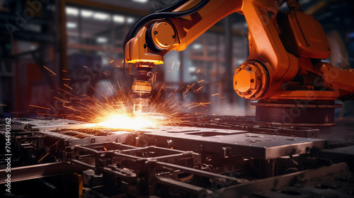 Hand of robot working steel welding building electronic machine in factory