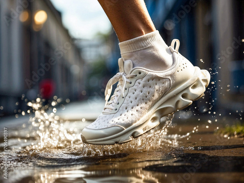 An athlete with white high tech trainer shoe running through a puddle of water with a splash
