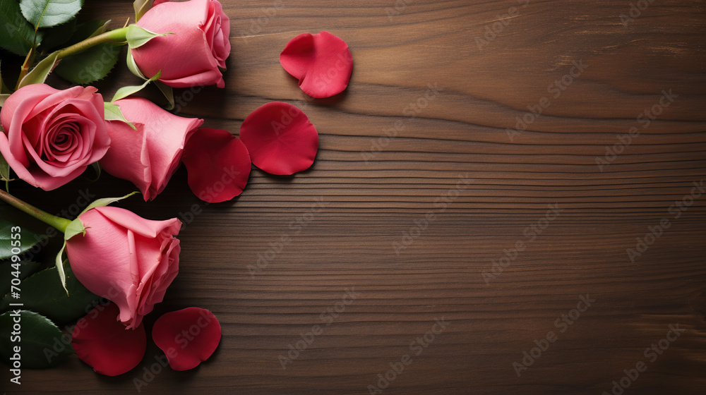 Valentine day greeting card with rose bouquet over wooden background with space for your greeting. top view flat lay Valentine day greeting card with rose bouquet over wooden background with space for your greeting. top view flat lay