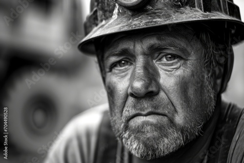 A rugged man, his face etched with wrinkles, stands confidently on the bustling street, donning a hard hat as a symbol of his hardworking spirit © Milos