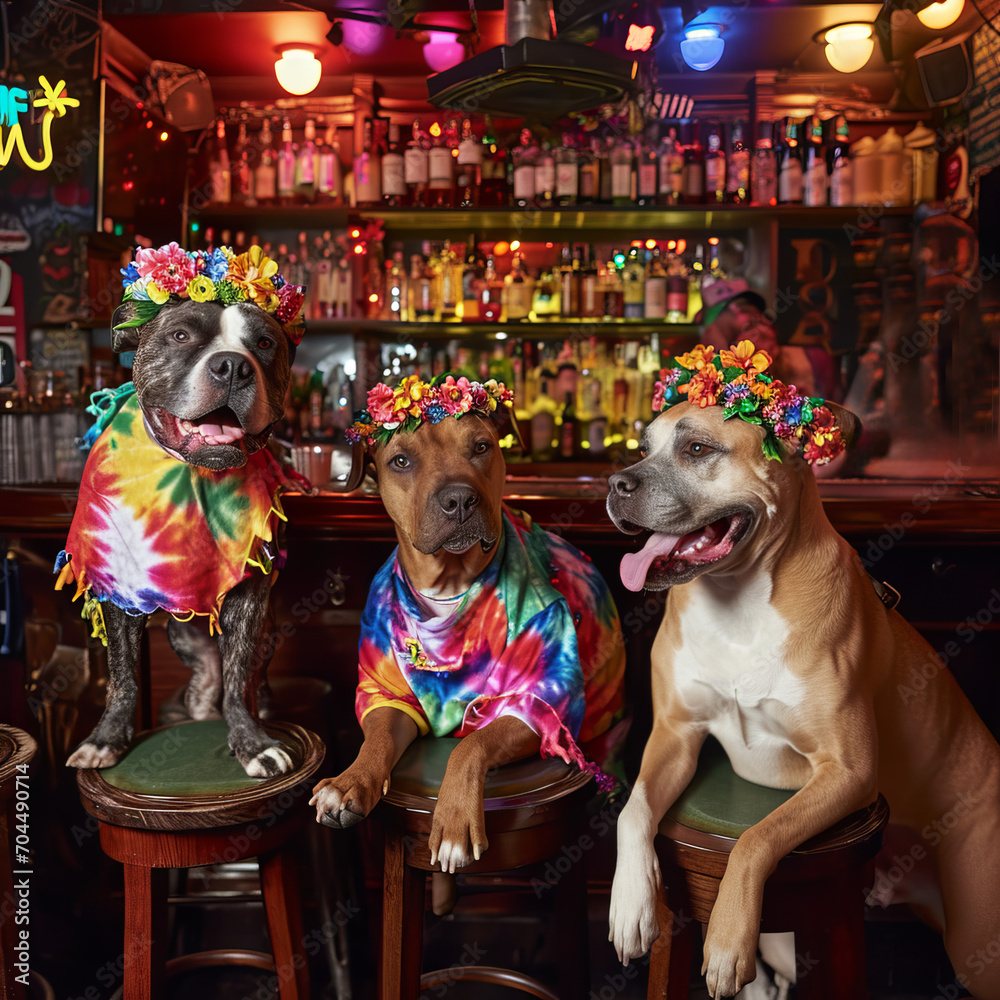 DOGS IN A BAR DRINKING COCKTAILS