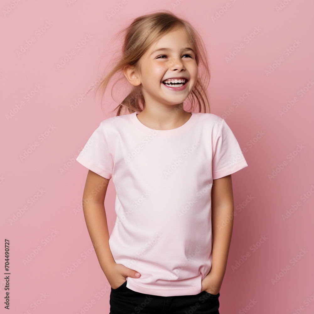 happy child in blank t-shirt on an isolated pink background happy child in blank t-shirt on an isolated pink background