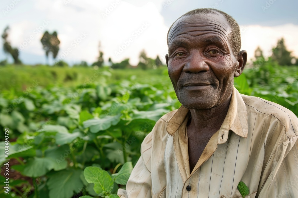 A weathered farmer tends to his cash crop in a sprawling field of vibrant plants, his wrinkled face and sturdy clothing a testament to a life spent working the land under the open sky A weathered farmer tends to his cash crop in a sprawling field of vibrant plants, his wrinkled face and sturdy clothing a testament to a life spent working the land under the open sky