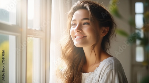 Portrait of young 25 years old girl standing near window and enjoying morning sunshine on her face, natural beauty