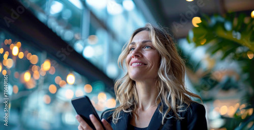 A professional businesswoman smiling while using smartphone