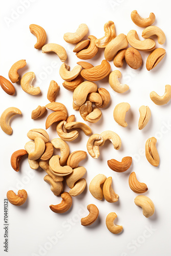 Cashew nuts flying on white background