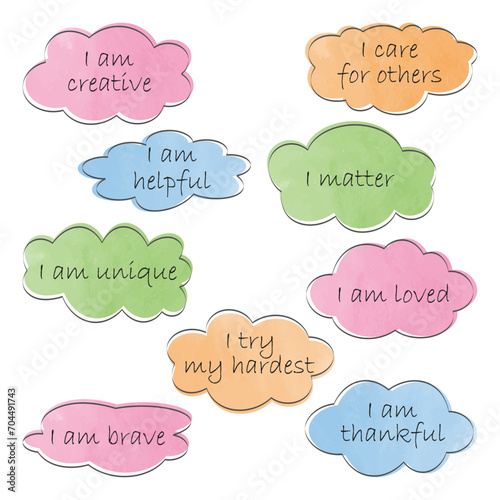 Set of vector colorful watercolor clouds with positive affirmations isolated on white background.