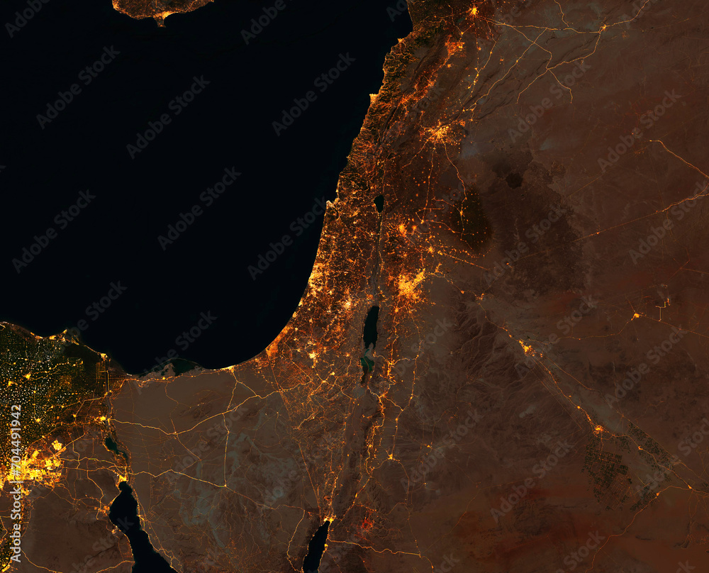 Night satellite view of Israel, Gaza Strip, West Bank, Lebanon, Syria, Jordan and Egypt. City and street lights. Elements of this image are furnished by Nasa