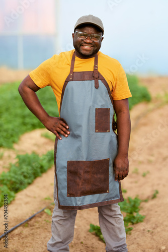 Black farmer standing in greenhouse, arm on side, crops in background, smiling. photo