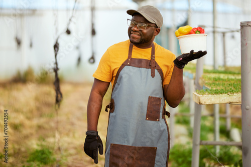 Black farmer holding vegetables, wearing gloves, greenhouse in background photo