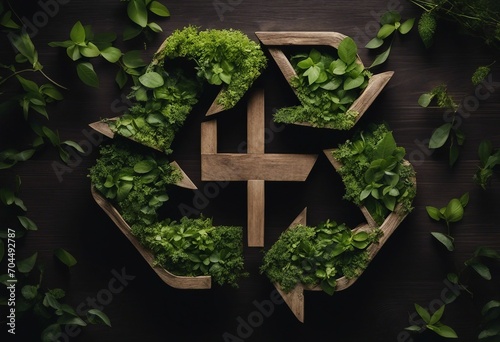 Recycle symbol made of wood and green plants and leaves on dark background Eco recycling concept