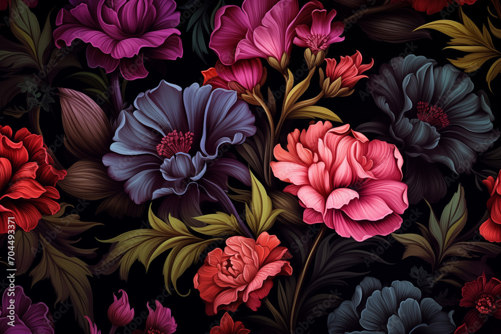 Multicolor flowers and leaves on dark background with floral design wallpaper  - obrazy, fototapety, plakaty 