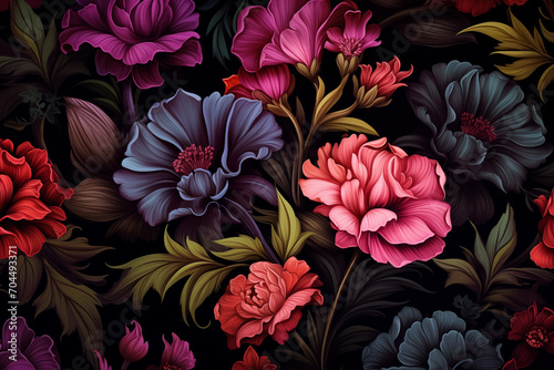 Multicolor flowers and leaves on dark background with floral design wallpaper  photo