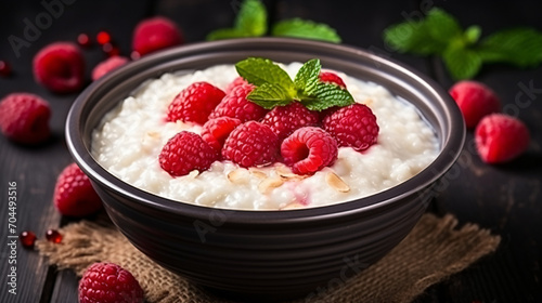 Rice porridge or pudding with fresh raspberry