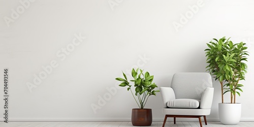 Trendy room with cozy chair and plant by a white wall. Text area available. © Vusal