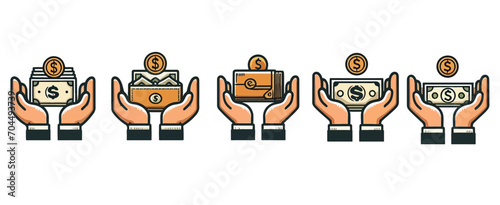 Set of icons of money in hands. Vector icons of money in the palms 