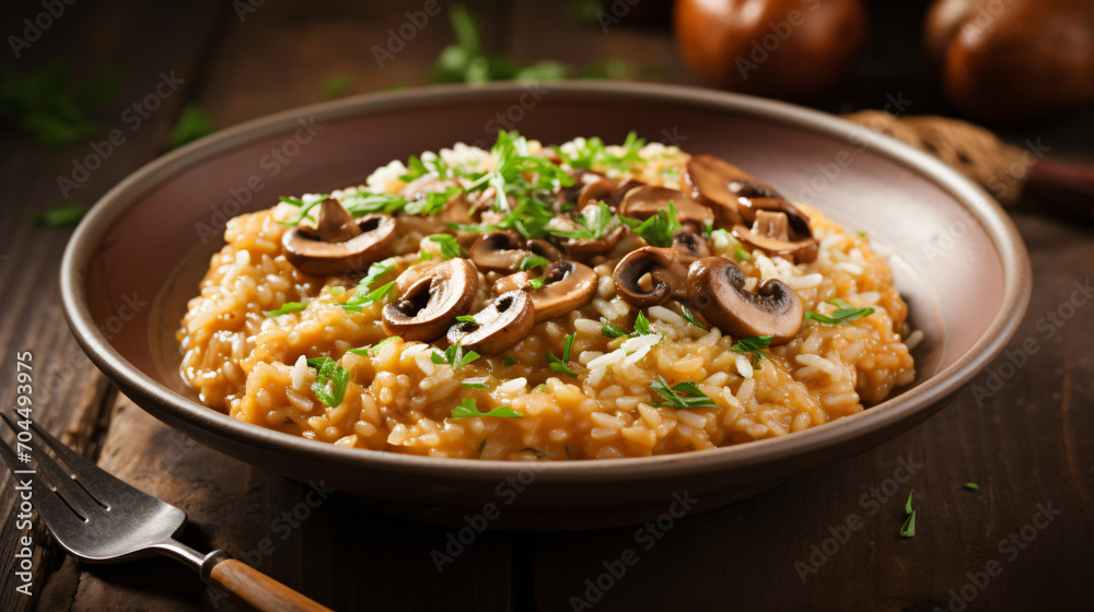 Risotto with brown champion mushrooms on wooden
